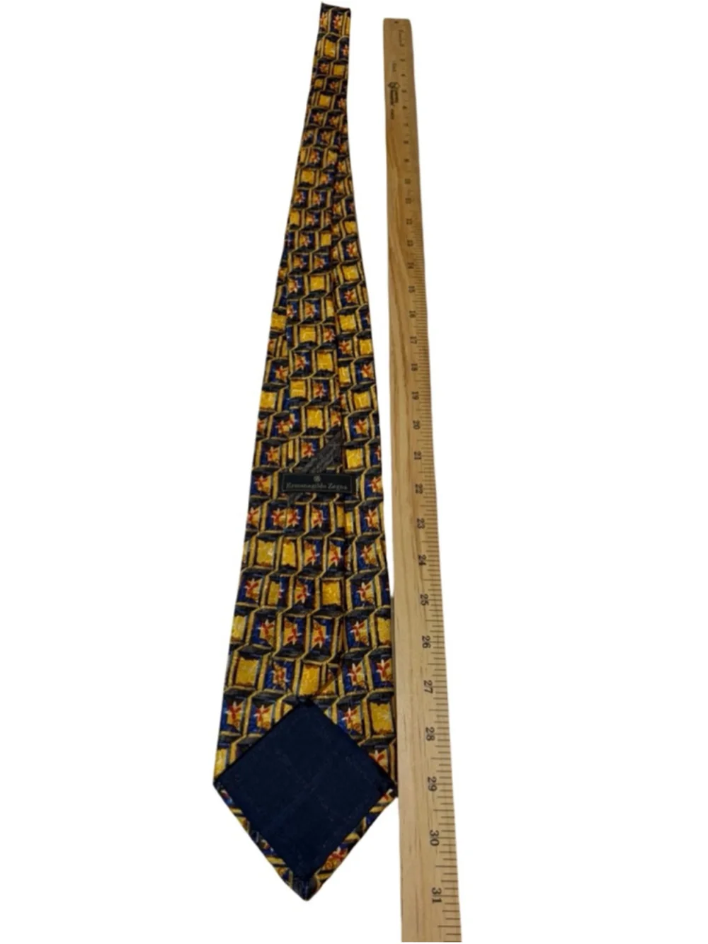 Ermenegildo Zegna Silk Tie Gold Blue Geometric Novelty Print Made Italy